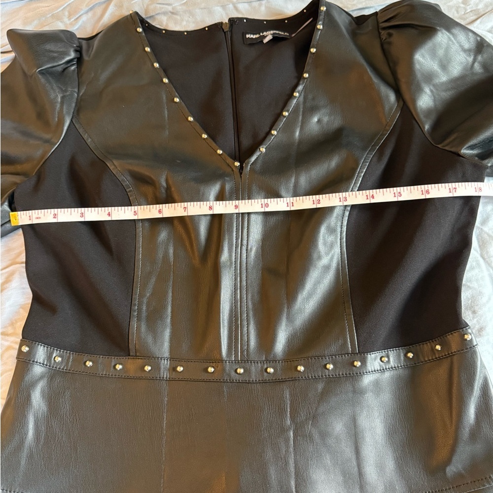 Karl Lagerfeld Black Faux Leather Midi Dress with Puff Sleeves - Picture 13 of 16